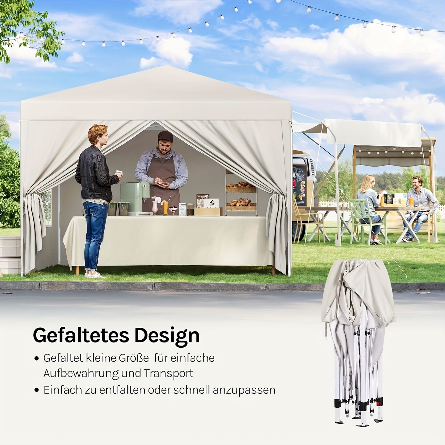 1 Stk. Tragbare Falt-Gazebo, Außenüberdachung, Sonnenschutz-Gazebo mit Seitenwänden, Garten-Gazebo, Partyzelt, Geeignet für Alle Jahreszeiten, Camping-Festival-Pavillon, Oxford-Stoff Metallrahmen, 3m x 3m, Ideal für Gärten, Camping, Festivals, Flohmarkt u