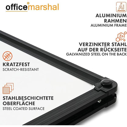 Whiteboard Magnettafel – Magnetisches Memoboard mit Alurahmen in Silber oder Schwarz, inkl. Stiftablage – Trocken abwischbare Schreibtafel für Büro, Home-Office & Schule