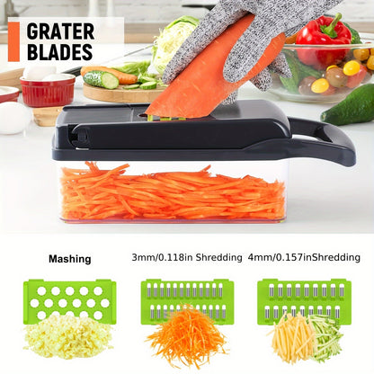 16-in-1 Gemüseschneider, Gemüsezerkleinerer, multifunktionaler Gemüseschneider mit 7 Klingen, Handschuhen, Reinigungsbürste  Schäler, zum Schneiden von Gemüse  Obst, Küchenhacker, Küchenmaschine
