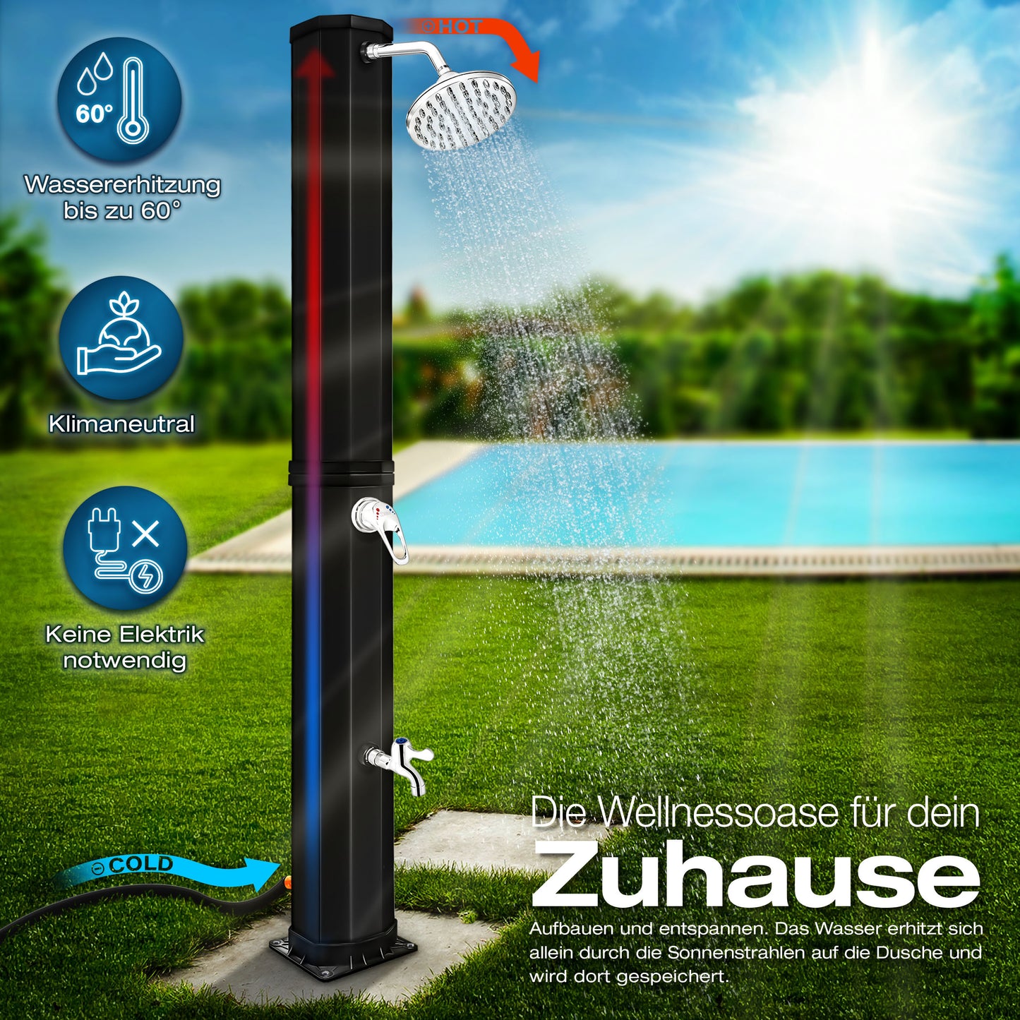 tillvex® Solardusche 20 - 60 Liter inkl. Abdeckung Solar Gartendusche Solar für draußen Pooldusche Komplettset warmes Wasser Camping ohne Stromanschluss mit Wasserhahn Gartenschlauch-Anschluss