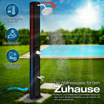 tillvex® Solardusche 20 - 60 Liter inkl. Abdeckung Solar Gartendusche Solar für draußen Pooldusche Komplettset warmes Wasser Camping ohne Stromanschluss mit Wasserhahn Gartenschlauch-Anschluss
