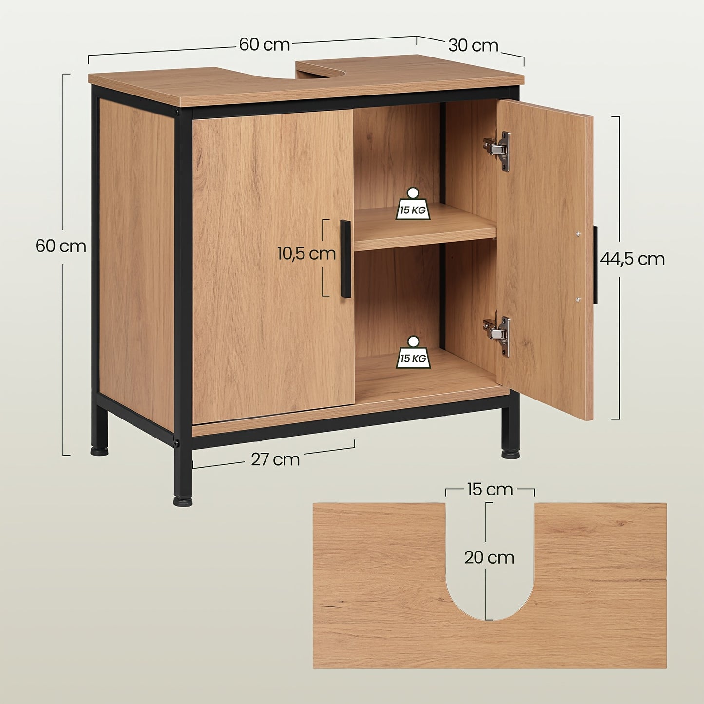 1 Stück Kommode 60x60x30 cm, Verstellbarer Aufbewahrungsschrank, Kleiner Badezimmerschrank mit Trennwand, Badezimmer-Schrank aus Holz und Metall, Schwarz
