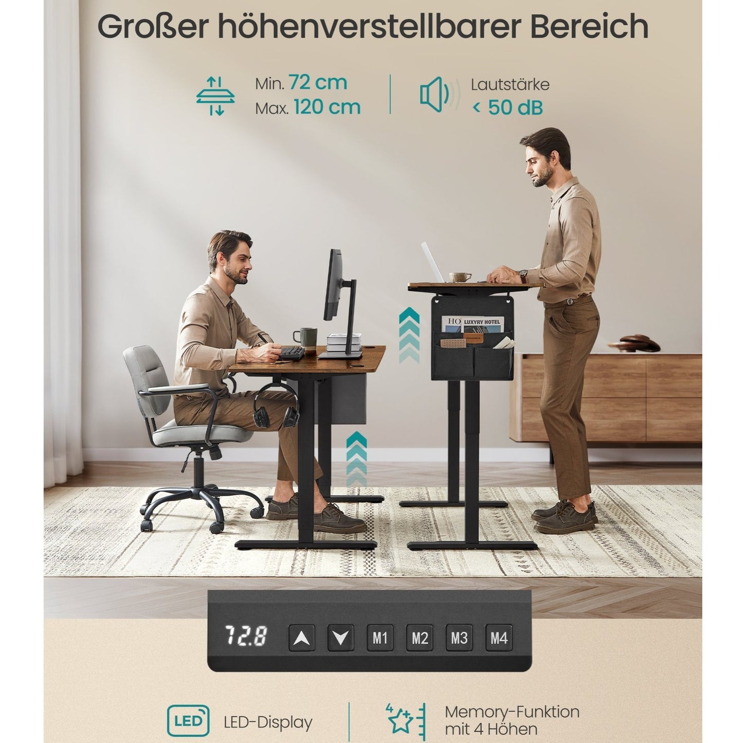 Höhenverstellbarer Schreibtisch elektrisch, 160 x 70 cm, Verstellbarer Tisch, Memory-Funktion für 4 Höhen, für Büro, tintenschwarz /vintagebraun