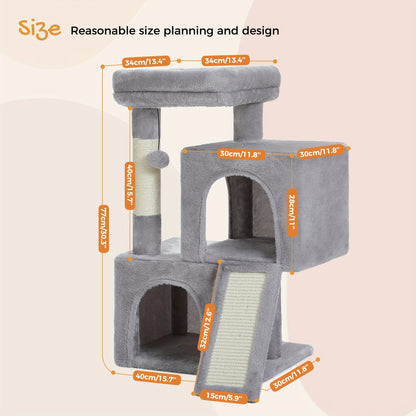 PAWZ Road Kratzbaum mit Doppel-Kondos für Wohnungskatzen, All-in-One Katzenhaus mit gepolsterter Sitzstange, Kratzrampe und Pfosten inkl. austauschbaren Bällen