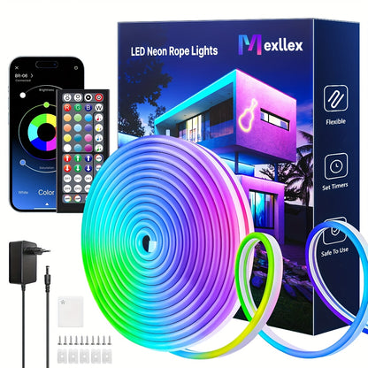 RGB LED Drei-Linien-Neonlichter, Europäischer Standardstecker, mit APP & Fernbedienung, IP67 Spritzwassergeschützt, Einstellbare Farbe, Kann Musikrhythmus über APP nachempfinden, Flexible Neon-Streifenleuchten RGB Seil Lichter, für Schlafzimmer Raumdeko