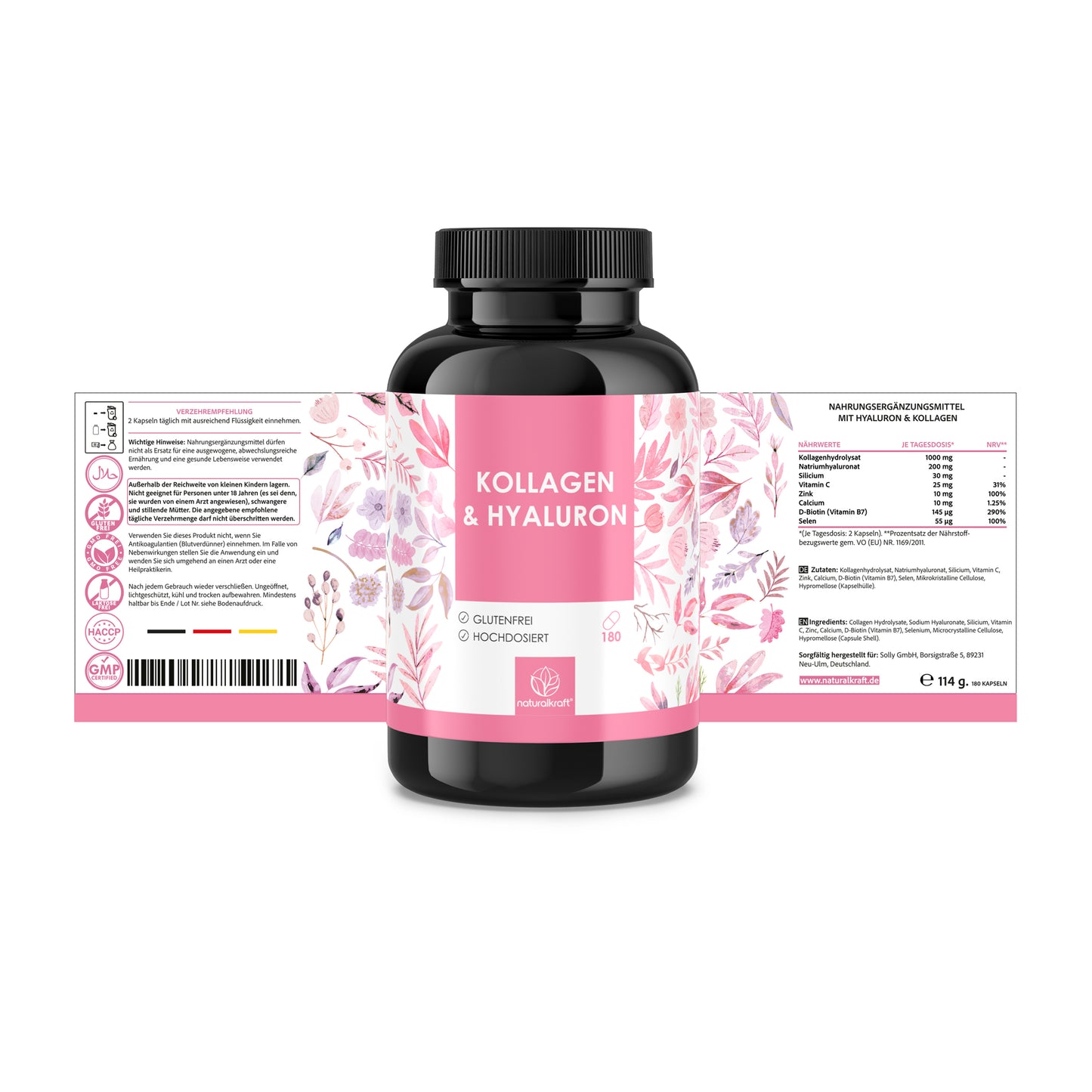 NATURALKRAFT® Premium Kollagen & Hyaluron - mit Biotin, Zink, Selen, Vitamin C & Silizium - Hoch bioverfügbar, Laborgeprüft, Deutsche Markenqualität - 180 Kapseln