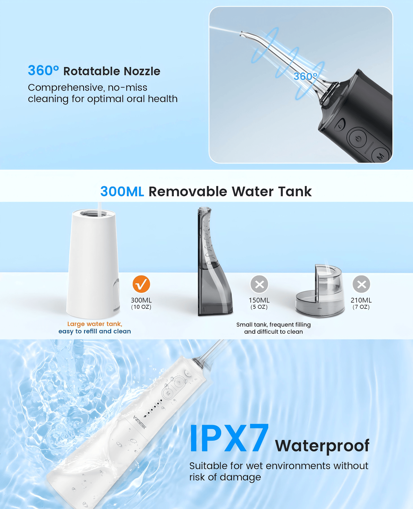 Wiederaufladbarer tragbarer Munddusche, Wasser-Zahnseide für Zähne, professioneller kabelloser Zahnreiniger mit 8 Düsen und 5 Modi, IPX7 wasserdicht 300 ml zur Zahnreinigung, für Zuhause & Reisen