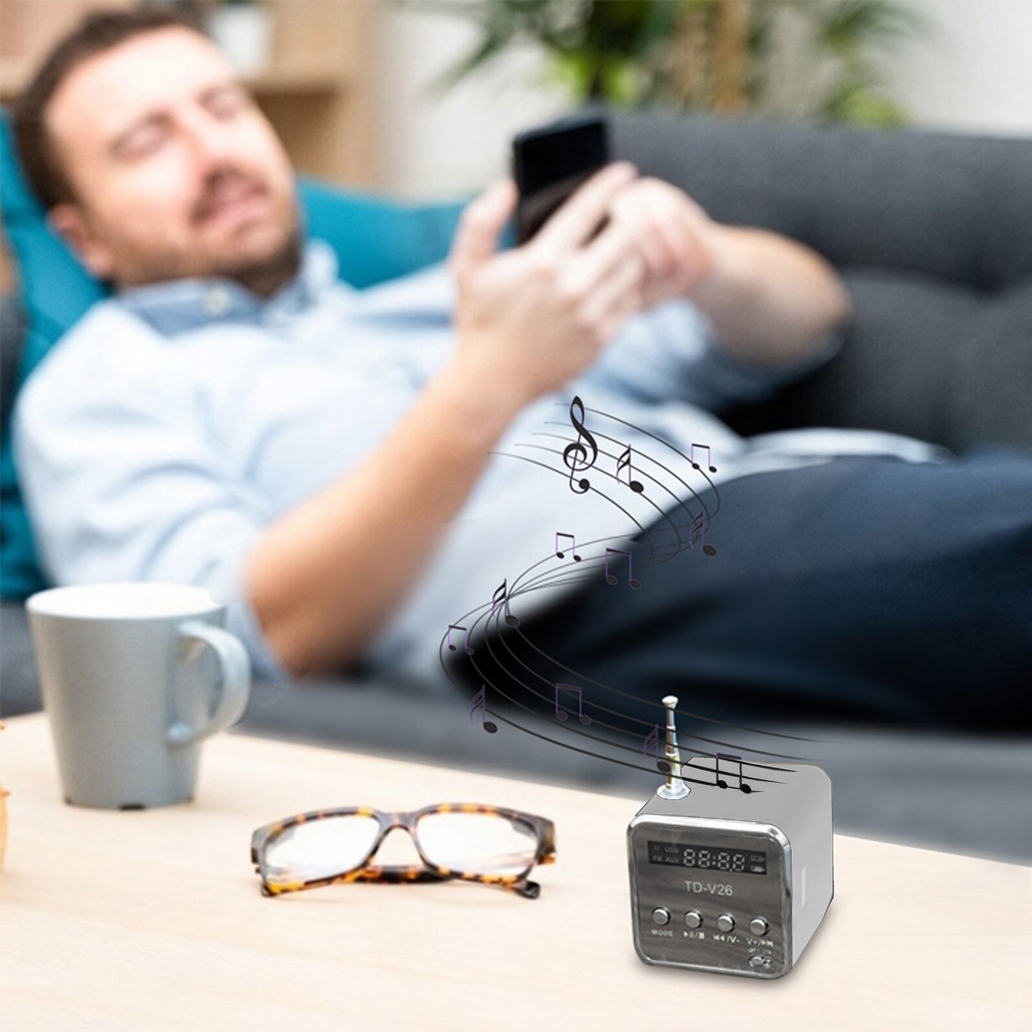 Kabelloser Lautsprecher mit UKW-Radio und LED-Hintergrundbeleuchtung, RETOO TechPro, tragbarer Mini-MP3-Player mit MicroSD-Kartenleser und USB-Anschluss, kompakter Lautsprecher mit integrierter Antenne und Akku, 3,5-mm-Klinkenanschluss für Kopfhörer, USB-
