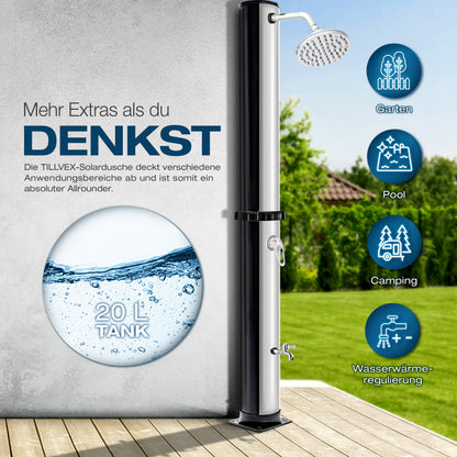 tillvex® Solardusche 20 - 60 Liter inkl. Abdeckung Solar Gartendusche Solar für draußen Pooldusche Komplettset warmes Wasser Camping ohne Stromanschluss mit Wasserhahn Gartenschlauch-Anschluss