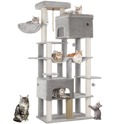 Kratzbaum für Katzen 200cm XXL, inklusive 10 Kratzpfosten, 2 Katzenbetten, 2 Hängematten, große Plattform, Katzenbürste, Korb, robustes Kratzbaum-Set, geeignet für Maine Coons  große Katzen, hellgrau, dunkelgrau, beige