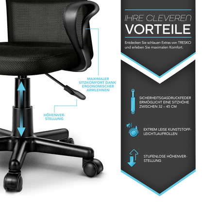 TRESKO® Bürostuhl mit Armlehnen stufenlos höhenverstellbar | Drehstuhl aus atmungsaktivem Mesh | Schreibtischstuhl mit Kunststoff-Leichtlaufrollen, gepolsterte Sitzfläche, ergonomische Passform | Computerstuhl ideal für Home-Office, Jugendzimmer, Büro