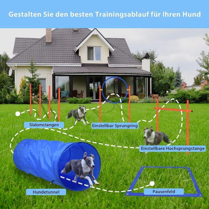Dog Agility Equipment Set Hundetrainingsspielzubehör inklusive Agility-Hürden, Sprungreifen, Hundetunnel, Boomerang-Stangen, Ruheboxen & Tragetaschen Pet Training Set