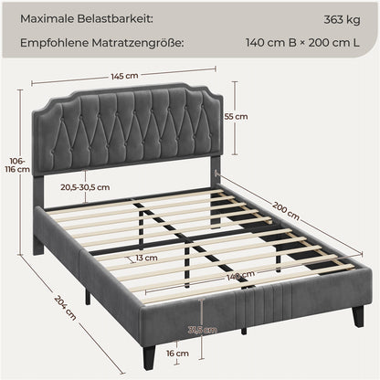Costoffs Polsterbett mit Höhenverstellbarem Kopfteil Bettrahmen mit Lattenrost Getuftetes Design Stoffbett Kein Boxspring Erforderlich