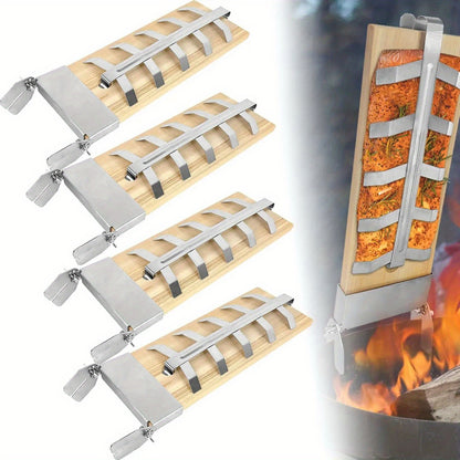 Edelstahl Flammen-Lachsbrett-Halter, 5 Stufen verstellbar, für Feuerschalen, Grillen, Outdoor-Grill, Zedernholzbrett, Tragfähigkeit bis zu 2 kg pro Stück (2 Stück/4 Stück)