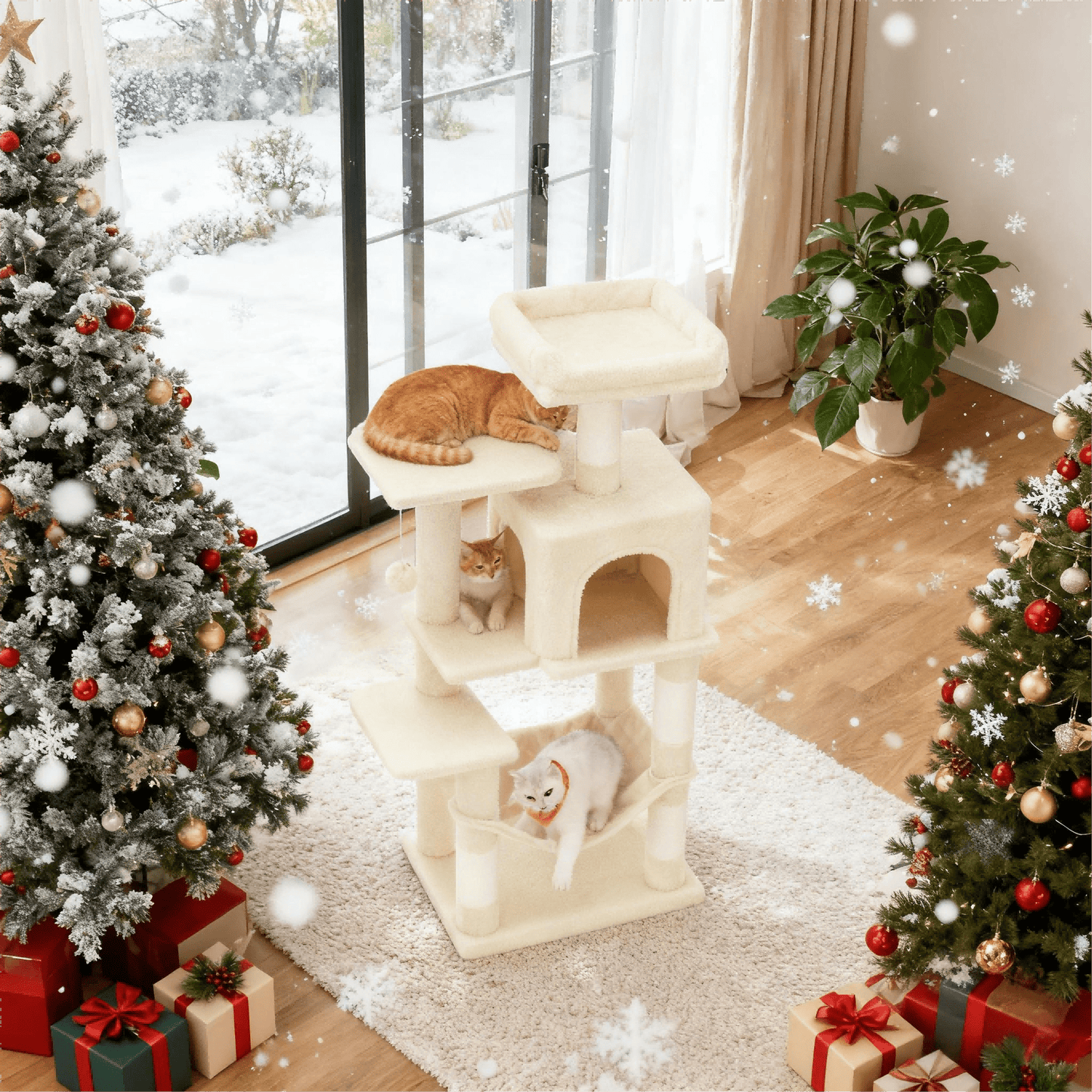 Katzenklettergerüst 112 cm hoch，Kratzbaum，mehrstöckiger Katzenbaum mit Höhle Schlafnest Plüschspielzeug , mehrstöckiges Katzenhaus mit 4 Kratzsäulen, 2 Plattformen, Hängematte,Stabiles Und Langlebiges ,für Wohnungskatzen Und Kätzchen