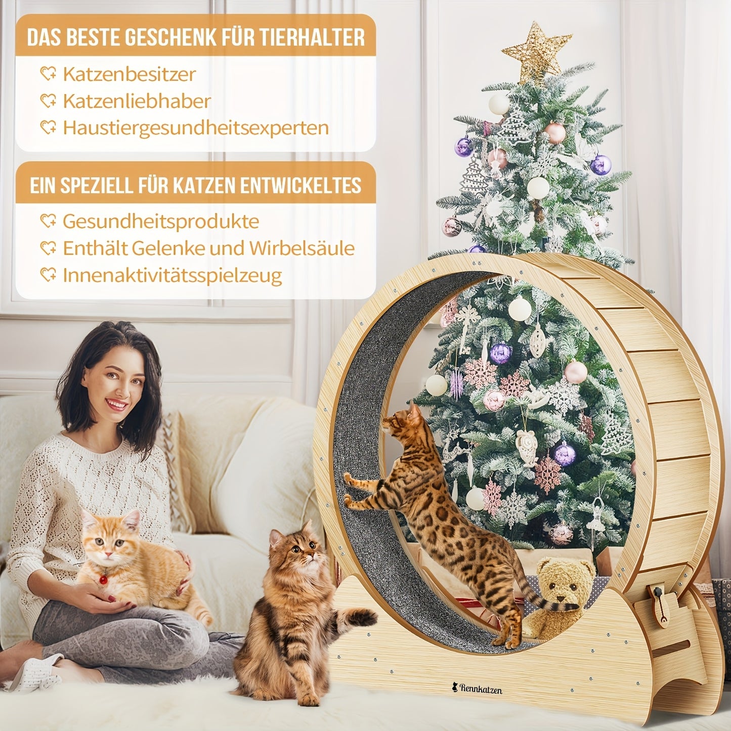 Großes Laufrad für Katzen  Hunde, XL-Größe – Indoor Holz-Laufrolle, sicher  bequem, beugt Übergewicht bei Katzen vor, perfektes Weihnachtsgeschenk