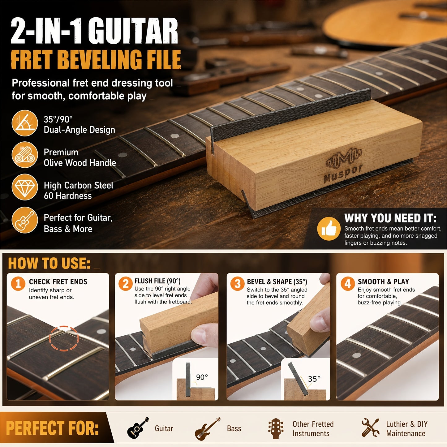 Olivenholz Gitarren Bordürenfeile, Dual-Winkel Design aus Kohlenstoffstahl, Professionelles Bordüren-Nivellierwerkzeug, Ergonomischer Griff, Ideal für Gitarren-/Basswartung, Handfeile