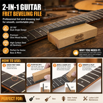 Olivenholz Gitarren Bordürenfeile, Dual-Winkel Design aus Kohlenstoffstahl, Professionelles Bordüren-Nivellierwerkzeug, Ergonomischer Griff, Ideal für Gitarren-/Basswartung, Handfeile