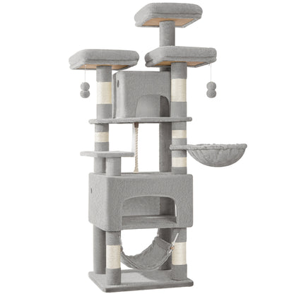 Katzenturm, 176 cm, XL-Größe mit 3 Plattformen, 2 Höhlen, 7 Kratzpfosten, Hängematte & Plüschball – Ideal für Mehrkatzenfamilien in Hellgrau/Dunkelgrau Beige, Kletterturm für Haustiere, Feline Verbreiterung, Platzsparender Baum, Mehrstöckiges Katzenmöbel,