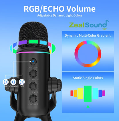 Zealsound USB Kondensator Gaming Mikrofon, Plug & Play RGB Mikrofon mit Rauschunterdrückung, Mute Gain Reverb Steuerung, 3,5mm Monitoranschluss für PC Handy Live Stream Podcast Aufnahme