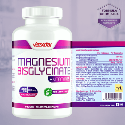 Magnesium und Vitamin B6 - Magnesium Bisglycinat - 250 mg reines Magnesium - 120 pflanzliche Kapseln - Hohe Bioverfügbarkeit - Magnesium Bisglycinat und Vitamin B6 Vaexdar Supplemente