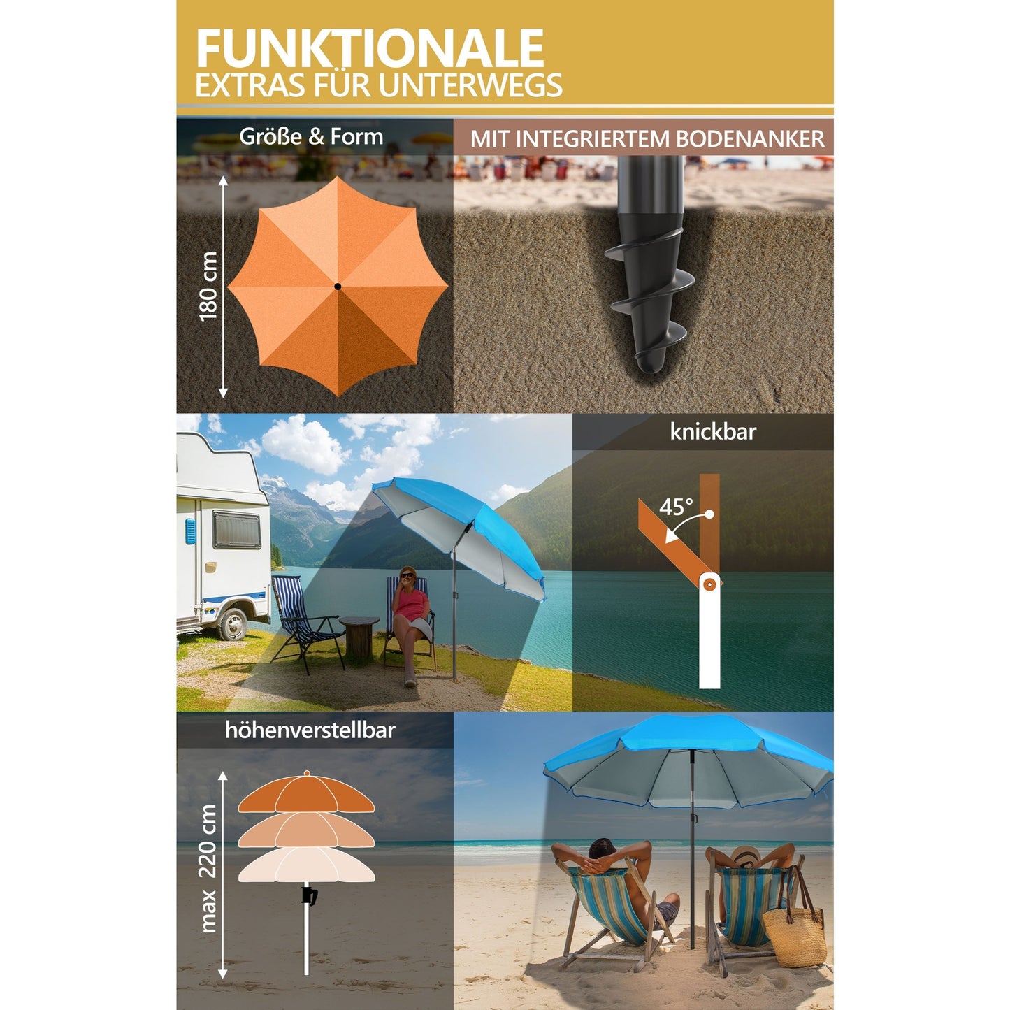Lindenstein Strandschirm-Set - UPF 50+ Sonnenschirm Ø 180 cm windfest stabil inkl. Schutzhülle - Sicherer Sonnenschutz für Strand & Garten - Farben: Anthrazit/Beige/Blau/Türkis/Grün/Taupe/Blau-Weiß