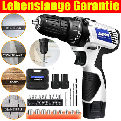 Akku-Bohrschrauber Handbohrschrauber Set mit 1x oder 2x Akkus & 23 Bits, 18+1 Drehmomentstufen, 2-Gang-Kombi-Bohrmaschine, 3/8" Chuck Bohrschrauber Kit mit Kitbox für Heimwerker LED Licht für Zement, Beton, Decke, Ziegel