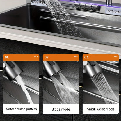 Musurjoy 74.93 x 44.96 cm Schwarze Unterbaueinbau-Spüle mit Wasserfall-Design, Ausziehbarem Wasserhahn, Tassenabtropfer und weiteren Zusatzfunktionen für Küchen und Bars