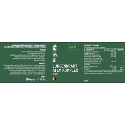 Lungenkraut Kapseln - Atem Komplex, 120 Kapseln mit 400mg pro Tagesdosis, mit Lungwort, Salbei, Pfefferminze, Süßholzwurzel, Polyphenol-Extrakte uvm - Herbst- und Winter-Must-have - Vegan, ohne Zusätze, in Deutschland produziert