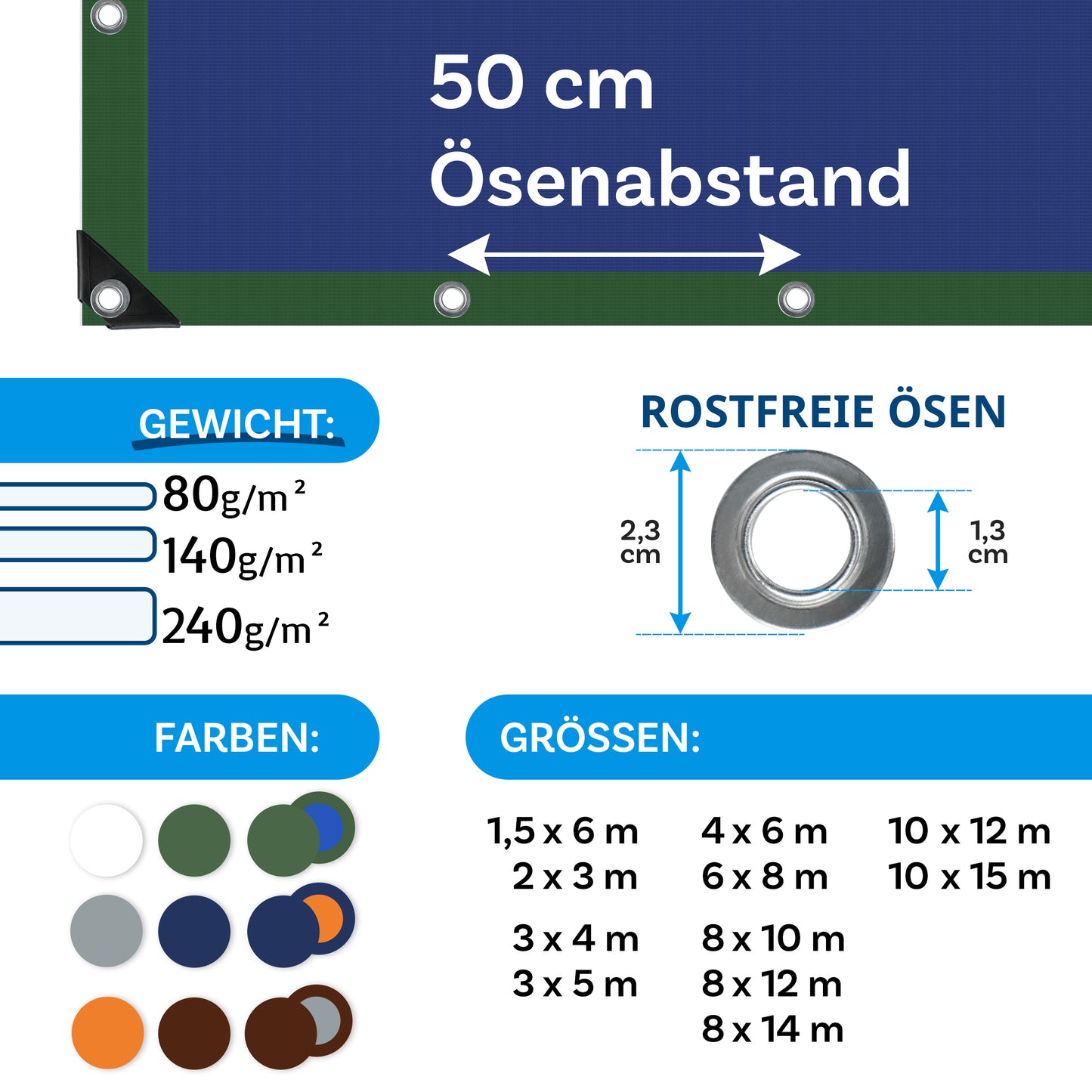 FLOORDIREKT Abdeckplane 140 g/m² - Reißfeste Schutzplane für jedes Wetter - mit Ösen - Wetterfest & Wasserdicht - für Garten, Camping, Bau & Outdoor - in 9 Farben & 12 Größen Erhältlich