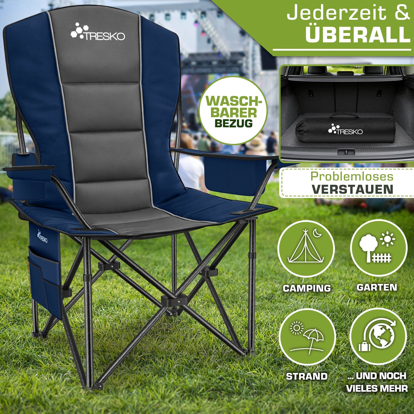 TRESKO® Campingstuhl Faltbar bis 200kg | Faltstuhl mit Kühltasche, Getränkehalter & Seitentasche | Klappstuhl XXL inkl. Tragetasche | Angelstuhl gepolstert für Outdoor, Angeln, Festival & Garten