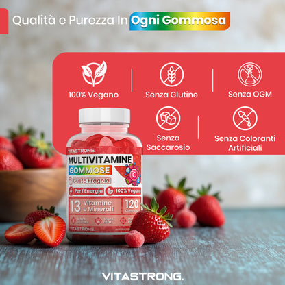 Vitastrong Multivitamin Gummies, 120 Kaugummis, 13 Vitamine und Mineralien, Nahrungsergänzungsmittel für Erwachsene, 100% vegane Formel, glutenfrei, laktosefrei, zuckerfrei