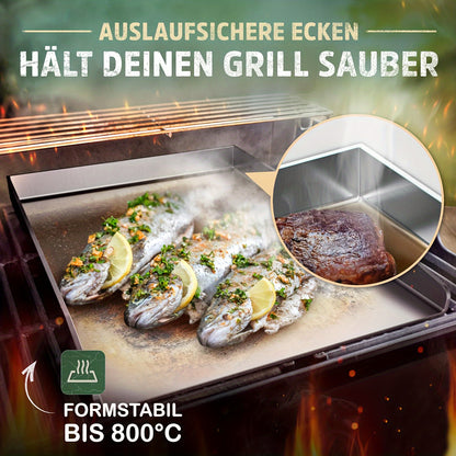 4mm Edelstahl Backblech [40 x 30 cm] - Plancha Backblech mit Grillrost und Spatel Set - Gasgrill Blech Ideal für Innen- und Außenbereich