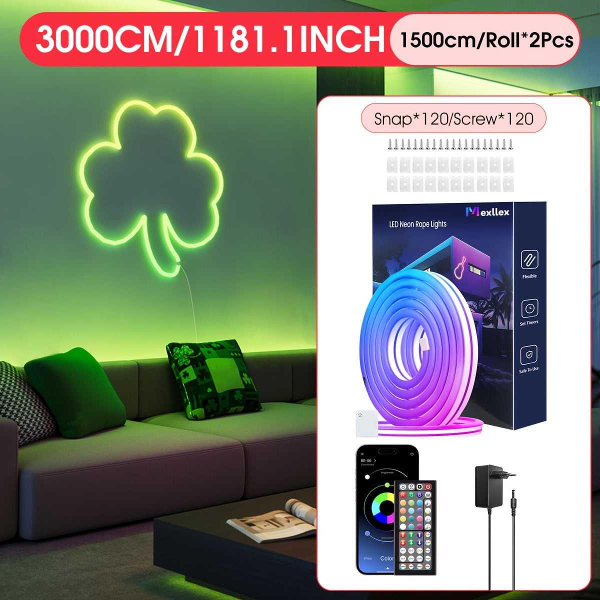 30m/20m/15m/10m/5m Intelligente Flexible LED Neon Lichterkette mit App/Fernbedienung, Hochwertig, Dimmbar, Outdoor RGB Lichterkette, Musik-Sync oder DIY, Timer-Funktion für Räume, Geschenke
