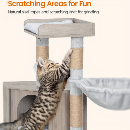 Katzenbaum mit Katzentoiletten-Schrank, Katzenschrank, 4-in-1 Modernes Katzenhaus mit Großer Plattform, Sisal-Kratzmattenmatte, Pfosten, Treppe und Pompom, Waschbare Kissen