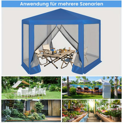 1 Stück Pavillon, 3 x 3 m, Gartenpavillon mit Seitenwand-Moskitonetz, Metall-Gartenhaus-Pavillon, Partyzelt, Strandunterstand, Outdoor-Pergola, Sonnenschutz, UV-Schutz, geräumig, einfach zu montieren, für Garten, Terrasse, Hof, beige, blau
