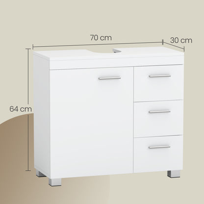 Waschbeckenunterschrank,Badschrank, 30 x 70 x 64 cm, wolkenweiß, 3 große Schubladen, Badezimmerschrank, 2 Fächer hinter der Tür, Badezimmer-Unterschrank mit Füßen