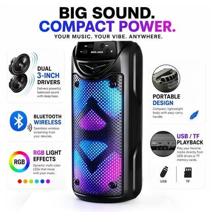 8000W Kabelloser Lautsprecher mit Dual 3-Zoll-Treibern und eingebautem wiederaufladbarem Akku. Unterstützt AUX, USB und FM-Konnektivität, mit TWS-Stereo, LED-Partylichtern und Lautstärkeregler