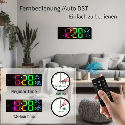 Große automatisch abblendende digitale Wanduhr mit Fernbedienung, 41,15 cm LED-Bildschirmanzeige, automatische Sommerzeit/Helligkeit, Timer, Doppelwecker, 8 RGB, Datum, Temperatur, Uhr für Wohnzimmer, Schlafzimmer, Fitnessstudio, Lager, Büro, Heimdekor, M