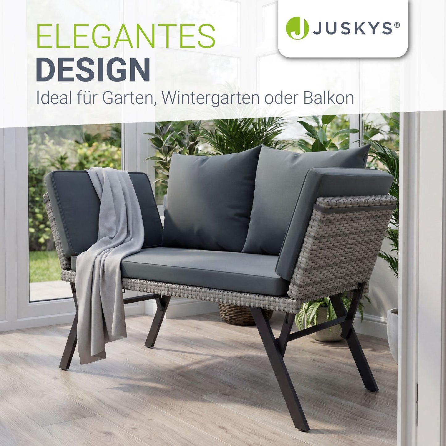 Multifunktionsbank Calvia Schwarz/Grau/Creme - klappbare Sonnenliege mit wetterfestem Polyrattan, Gartenbank mit 240 kg Belastbarkeit