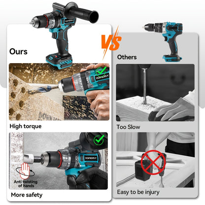 Bürstenloser Schlagbohrer, 13 mm Elektrobohrer-Set, 20-stufig einstellbarer Schraubschrauberhammer mit hohem Drehmoment, kabelloser Schlagbohrer zum Eisbrechen  Bodenlockern, kompatibel mit Makita 18V Akku-Werkzeugen