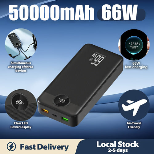 50000mAh Powerbank, 66W Schnelllade-Tragbares-Ladegerät mit großer Kapazität, USB-C/USB-A, kompatibel mit iOS  Android, unterstützt den gleichzeitigen Anschluss von zwei Geräten, Weihnachtsgeschenk