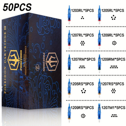 POSEIDON V3 Tattoo Cartridge Nadeln 50 Stück Gemischte Größe Sterile Nadeln mit Membran Sicherheits Cartridges - 1203Rl, 1205RL, 1207RL, 1209RL, 1207RM, 1209RM, 1205RS, 1207RS, 1209RS, 1207M1