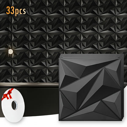 33-tlg. modernes 3D-Wandpaneel-System, eckige Paneele – schwarz-weiße abziehbare  aufklebbare Schindeln mit Klebeband, PVC-Kunststoffplatten für DIY-Akzentwände, Wohnzimmer, Schlafzimmer, Büro (Montage) 30x30cm (11,8''x11,8'') Abdeckung