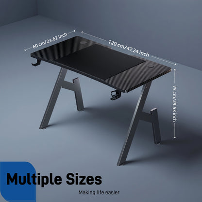 A-förmiger Gaming-Schreibtisch aus Carbonfaser für Home Office  Gaming, ergonomische Kurve, robustes Stahlgestell, Kabeldurchführungen, Getränkehalter, Kopfhörerhalter, Schwarz, 1 Stück