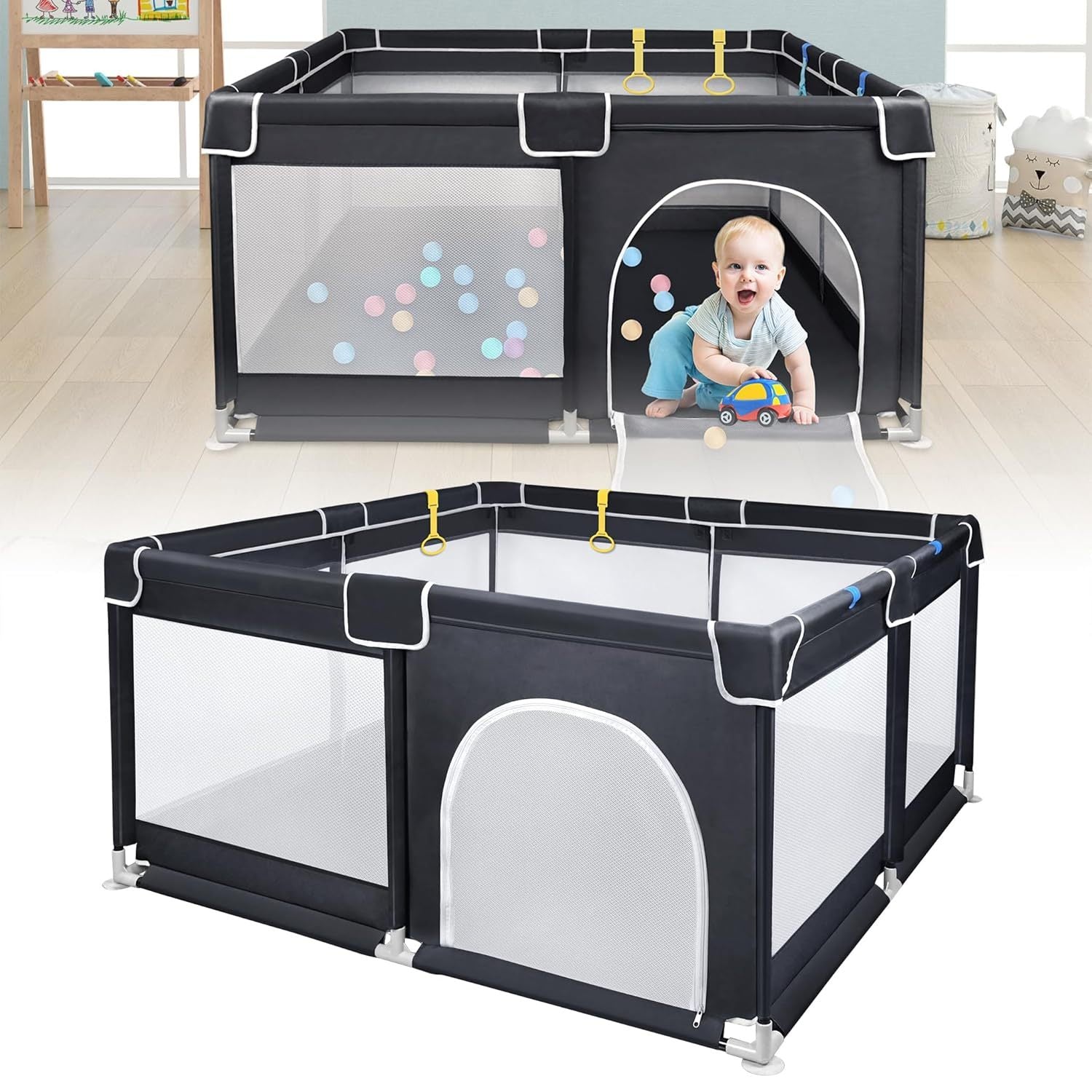 Baby-Laufgitter, Schwarz 127 x 127 cm für Alltag und Zuhause – Detailansicht 3