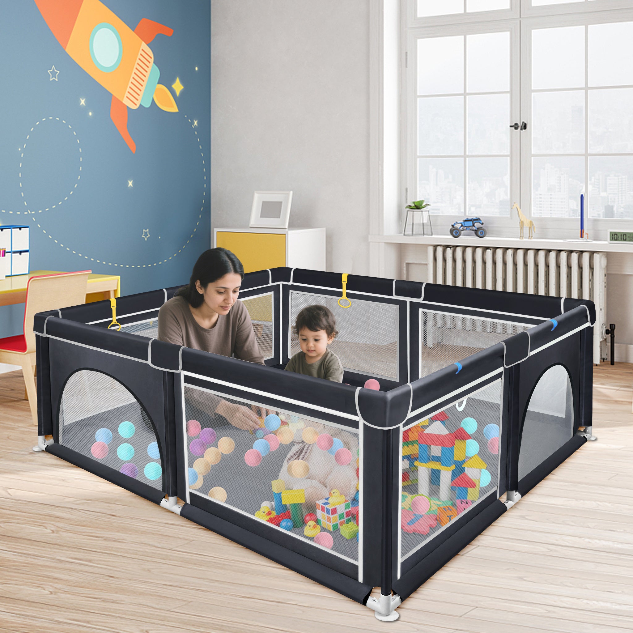Baby-Laufgitter, Schwarz 127 x 127 cm für Alltag und Zuhause – Detailansicht 9