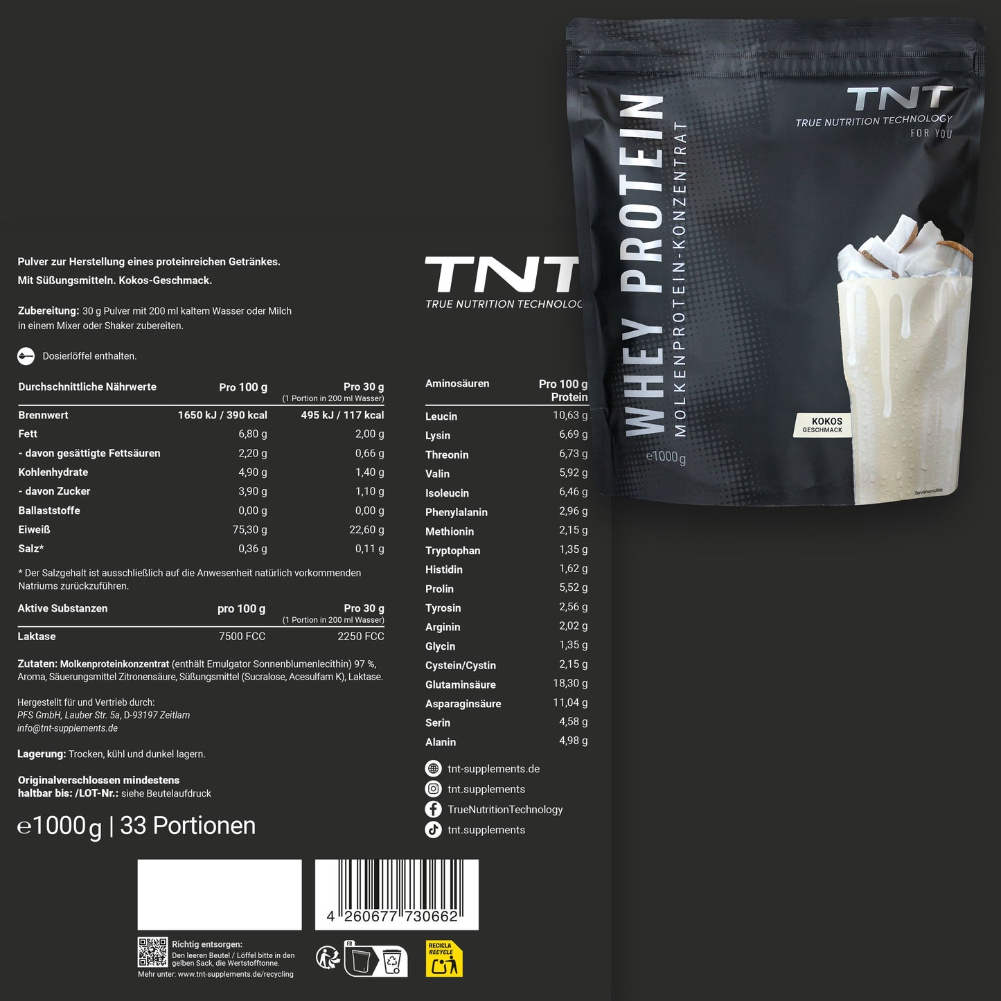 TNT Whey Protein Konzentrat (1000g) - Kremiger Eiweiß-Shake aus Molkenprotein-Konzentrat - Mit Laktase für eine optimale Lakotseverdauung und Verträglichkeit.