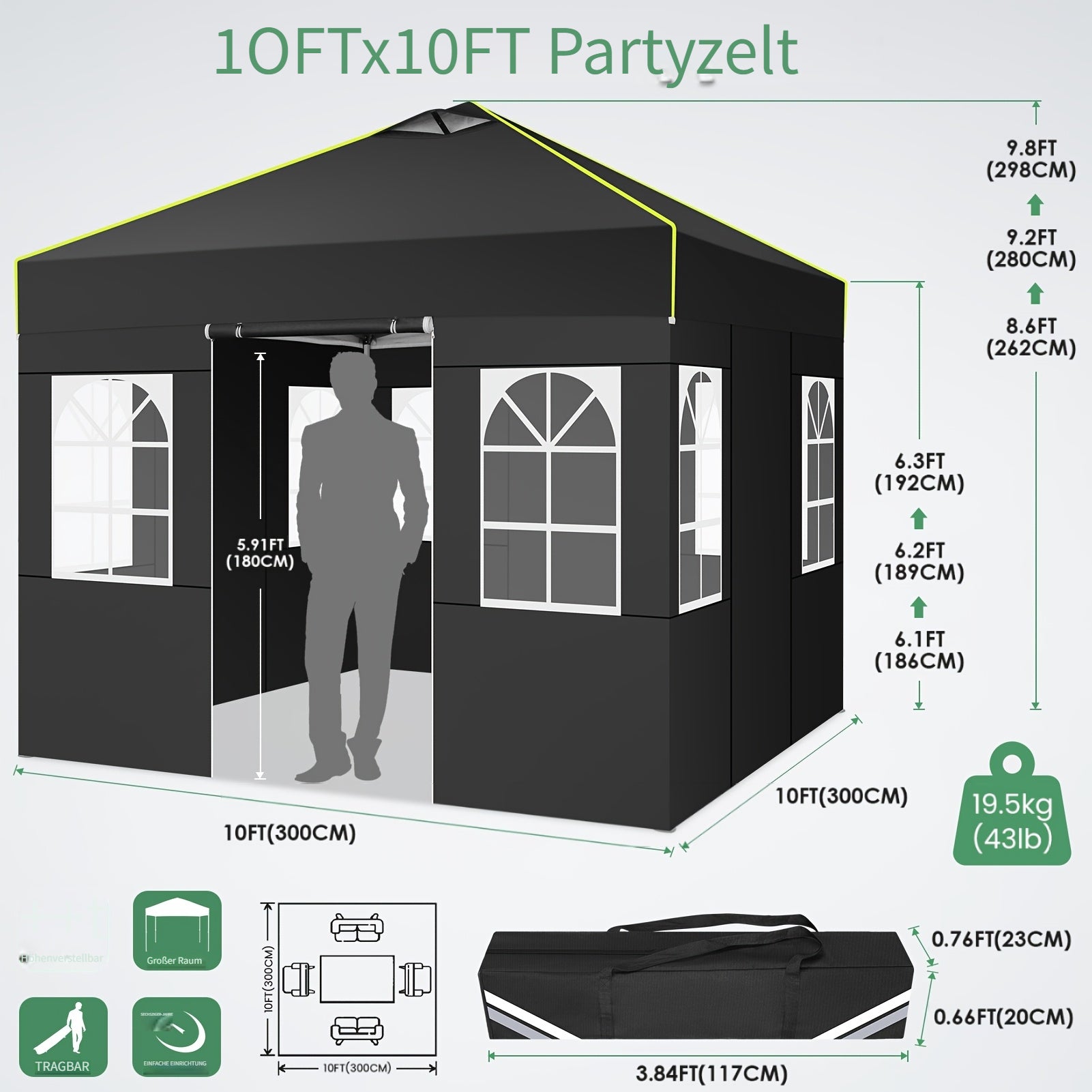 Balkonmarkise, 3x3m Ein-Person-Pop-Up-Markise mit 4 abnehmbaren für Garten – Detailansicht 6