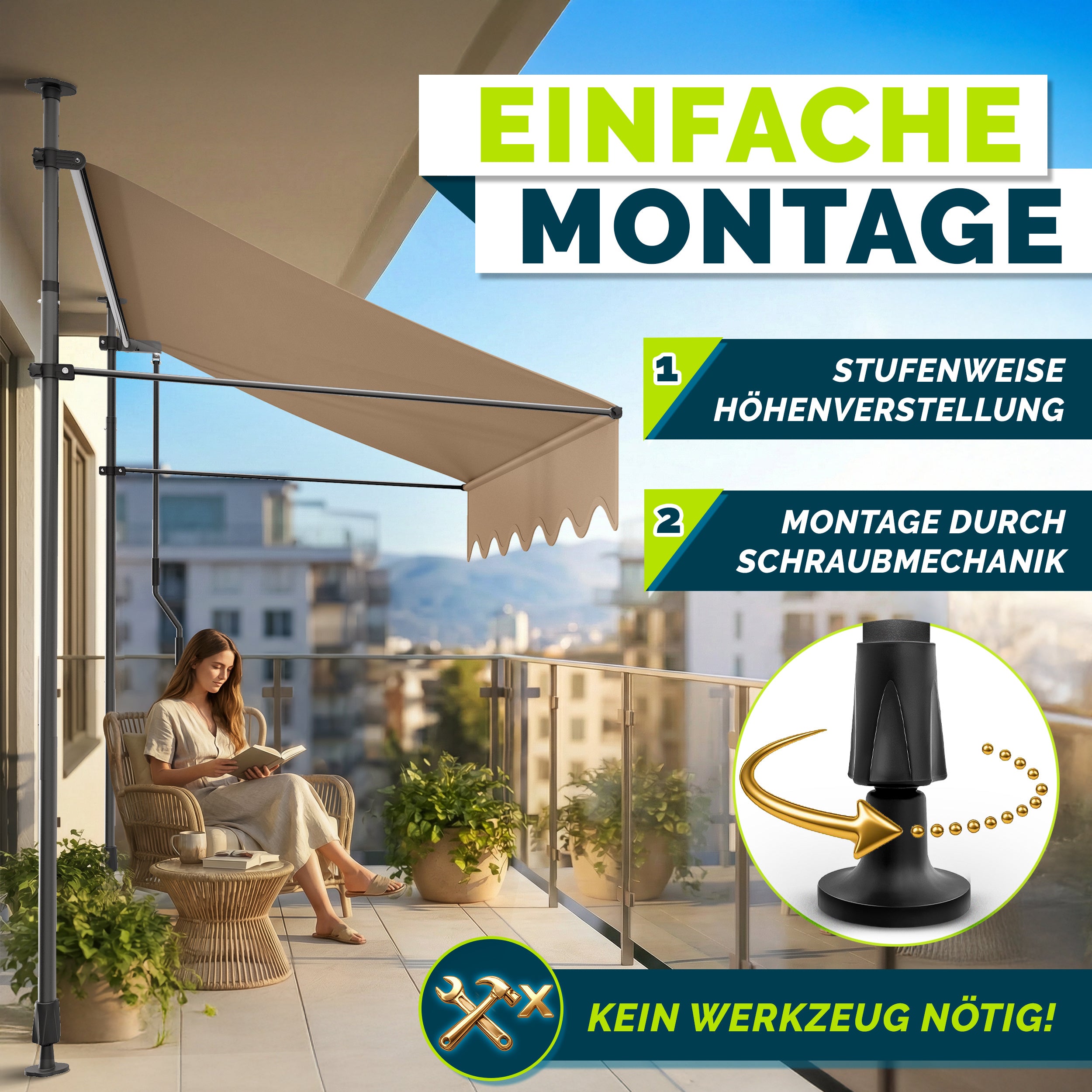 Balkonmarkise, Hellgrau für Garten und Balkon – Detailansicht 9